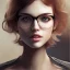 Placeholder: Woman, short brown hair, glasses, book in the hand, beautiful face