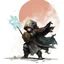 Placeholder: Order Domain Cleric, hooded halfling, thematic tone wash, characteristic graphic style, grit fantasy, darkest dungeons and dragons art, inkblots, pastel color palette, screen tones, shield in front