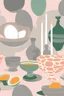 Placeholder: the painting has an olive with eggs, bowls and a candle, in the style of light pink and gray, light orange and emerald, 20th century art, sketchfab, painting and writing tools, pictorial space, chicano art