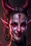 Placeholder: Portrait of a Dungeons and Dragons Tiefling girl with deep red sin, pretty, beautiful, symmetrical horns protruding fromn forehead, devil horns, smile, epic lighhting, cinematic, fantasy, , high quality, best quality, high definition, masterpiece, 8k, artstation, artwork, concept art