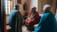 Placeholder: Two fifty-year-old people in traditional Moroccan clothing are discussing in the room of a Moroccan house, with only their backs visible