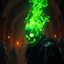 Placeholder: Necromancer in dungeon, Head green fire, 4k, avatar, dark fantasy, ultra realistic, dead people in background