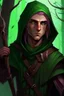 Placeholder: Male wood elf, rogue assassin, light brown skin, bright green eyes, mauve hair, hooded all black leather, sneaky, trees, stoner, long bow