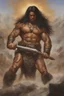 Placeholder: A giant Barbarian, Sandals, (extremely muscular), (Long_flowing_straight_Black_hair), suntanned-skinned, dark_golden_suntanned_skin, earrings, Jewelry, ((chainmail)), extreme action poses, Fighting barbarians, Prehistoric Background, oil on canvas, by Scott Alan Kendall, Amazing, finely detailed, perfect composition, extremely detailed, Original, extremely highres, realistic, best quality, ultra-detailed, Standing up, dark, cloudy skies, mist, fog, majestic mountain peaks,