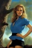 Placeholder: 3D Portrait of Lea Thompson, long-sleeved blue blouse, black miniskirt, leaning her face against a tree, perfect body, perfect face, perfect eyes, dark hair, glamorous, gorgeous, delicate, romantic, realistic, romanticism, blue tones, Boris Vallejo - daylight Background - blue skies, sunlight - dark, wood panel wall in the background - fire, fog, mist, smoke