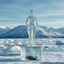 Placeholder: in a frozen sea with pretty mountains a full lady ice statue in artist pose standing over a ice block looking at camera, of clear glass like ice that going to melt and water drops fall from all body.