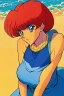 Placeholder: 1girl, retro anime, 80's, redhead,portrait, synth-wave colored, beach