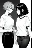 Placeholder: an elegant girl and another dressed in jeans and a T-shirt walk in the city, line arts, greyscale