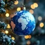 Placeholder: all World Map Globe xmas Ball in Blue-white Colors and little warm lights, blur background with snowflakes , and pines, intricate details, beautifully shot, hyperrealistic, sharp focus, 64 megapixels, perfect composition