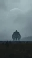Placeholder: A field of random people at the end of the picture gray background an giant dark shadow of King Kong like human figure standing in under blurry gray planet cinematic, 8k