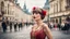 Placeholder: A woman in a beautiful 1920s flapper dress, standing in a busy street of Prague, Czech Republic, surrounded by iconic Baroque architecture, contrasting vintage feel with modern hustle, vibrant colors, classic red lipstick, feathered headband, captured in a dynamic shallow depth of field with a tilt-shift lens, cinematic lighting reminiscent of classic Hollywood films, vintage film grain overlay for a timeless aesthetic