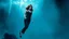 Placeholder: Full body Illustration of a woman, young, 18 years old, beautiful, wearing a black jumpsuit, sneaking into a giant aquarium, dark blue water, watercolors, gloomy and depressing ambient, artwork by tom björklund