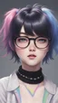 Placeholder: femboy, short, with black hair and rainbow bangs short fluffy hair in a half ponytail, has a choker, kawaii goth, short height, freckles, pale skin, petite, sharp teeth, grey eyes, wears glasses