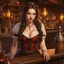 Placeholder: A looking young woman with pale skin and long brown hair in a fantasy tavern setting with intricate details. She is smirking, a tavern wench bartending, has intense red eyes, intimidating presence. High definition.