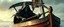 Placeholder: grim reaper werewolf cape harlekin, morning in ornate boat, scimitar, together with norwegian folk lore "pesta"