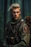 Placeholder: photorealistic hyperdetailed portait of 20-year-old german male, as mercenary with long blonde undercut hair, tribal tattoos and neatly trimmed beard wearing modern mercenary uniform dark fantasy forest backdrop