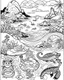 Placeholder: coloring pages for kids, Pacific island shaped Japanese ink painting, muted colors, including Dark black highlights to draw attention , rice paper texture, splashed paint, tropical beach, paradise, sea turtles, yellow sun, a Polynesian warrior , Art drawing ; ink , super detailed, text a the bottom “Tonga”, anime cartoon style, thick lines, low detail, black and white, no shading, --ar 85:110