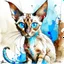 Placeholder: Small cursive signature Meezer3 (transparent white) in the lower right corner, delicate and integrated into the painting. Oriental shorthair Siamese chocolate point cat with vivid blue eyes. art style. Mixture of techniques. Scratched paint, peeling paint, dry brush, watercolor washes, ghost image details, blotted paint areas. Mixed media; gouache, alcohol ink, oil crayon, conté crayon, pastel and collage. Colorful Concentric Rings of a polished Agate Slice. ChatGPT