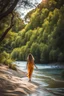 Placeholder: beautiful girl walking toward camera in trees next to wavy river with clear water and nice sands in floor