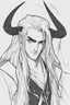 Placeholder: A dnd character portrait, a tiefling man with long hair and two long black horns that curve backwards, white eyes and pale skin. Handsome. Young.