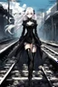 Placeholder: a captivating gothic anime girl, her ethereal beauty accentuated by porcelain skin and vibrant blue eyes. She stands firmly on a train track, legs wide apart, hands on hips, wearing a sleek black dress with lace details and a gun holstered on her thigh. Her flowing white hair billows in the wind as the smoky background portrays a chaotic scene of crumbling buildings and raging flames, emphasizing the imminent arrival of the train.