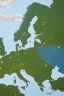 Placeholder: European countries are viewed from space, roads, cities, signs are visible. Highlight the names of the countries on the map. The clouds are naturalistic