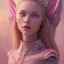 Placeholder: in front of a pink castle, a cheerful fairy, big smile, pink, blonde hair, beautiful, whole face, whole top hair head, wide open blue eyes, transparent wings onn the back, hyperrealism, masterpiece, expert, cinematic lighting, sharp focus, 8K, pastel, macro lens, woman, detailed, flower