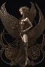 Placeholder: From above, steampunk delicate metal woman, wings, black background