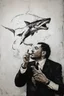 Placeholder: man with catfish shark head smoking a cigarrette in the style of banksy