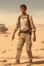 Placeholder: A 25-year-old wounded boy is walking in the desert with his head down, smoking a cigarette, and the scene of destruction is happening behind him