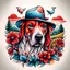 Placeholder: New School Tattoo Style, modern abstract color ideas, for minimalism perfect ilustracion in white backrounds, Enhanced shading, Bold and dynamic, "a Bullterier dog and flovers with long red hair in a hat with a wide open beak. In the background there is a farmyard and in the horizon tree tops. Significantly blurred background I have a pen tucked in my hat like a hunter. All for whites backrounds "