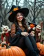 Placeholder: beautiful Asian woman in unique custom fashion witch style Happy Halloween,sitting biggest pumpkin Halloween ,sorrounded by puppets Halloween