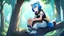 Placeholder: Girl, blue hair, raccoon ears, raccoon tail, raccoon face, forest, sit on tree, raccoon paws on hand, paws on foot