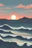 Placeholder: Create minimalist landscape artwork featuring serene scenes of sunsets at the high wave sea. Use clean lines and subtle gradients to convey depth and atmosphere while maintaining a minimalist style