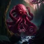 Placeholder: giant octopusgirl in the forest cliff enchanted, darkred tones, 8k, macro photography,