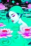 Placeholder: A green-haired woman facing upwards with a peaceful expression lies at the bottom of the pool, with lotus flowers floating on the water, one big moon in the background, reflection, loose strokes, dynamic lighting, digital art, art by james jean, takato yamamoto, inkpunk minimalism, 4k, concept art, illustrative