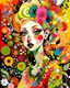 Placeholder: creative artistic modernist vibe, messy painterly, stylized illustration of a pale young woman with distinctive features, wearing a bold polka-dot outfit. She has extremely expressive eyes, sharp face, small nose and is adorned with oversized flowers in her hair. A delicate bird with intricate patterns is perched in her shoulder. bright accents color scheme with textured backgrounds. Overall style is painterly creative artistic modernist with a touch of whimsy vibe.