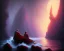 Placeholder: Charon the ferryman in his boat on the river Styx, red black purple colours, 8k, high definition, fantasy art, winding river, sharp jagged rocks, high contrast colours, sharp detail, lava river,