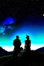 Placeholder: black background on a mountaintop and three silhouettes of a fit man, a silhouette of a fit woman, and silhouette of a Belgian malinois sitting next to the men and the woman looking at the stars