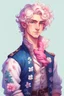 Placeholder: kind young sailor, man, white slightly curly hair, pirate shirt, pink and azure clothes, white floral pattern on jacket, flower in hair, stardew valley style