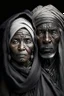 Placeholder: a photo of an Tuareg man and woman with ethnic jewelry, grey hair and grey flowing robe, in style of Annie Leibovitz, contemporary portrait of a mature yet beautiful and modernist, black and grey, detailed face, swirling fluid smokey enigma, award-winning artwork