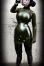 Placeholder: No faces. Steam-punk style. Sunny girls. Reflective surface on face, full coverage, reflective. Metallic large fencing mask covers the whole face. head full of integrated old-fashioned cameras and phone. Army green surfaces body, latex. Perfect body, thick thighs and calves. Asa Akira's body. Wide hip, skirt bleats nicely. Partly symmetrical. Straitjacket. Rusty and decayed background. Steam-plunge air-bottles. Euclidean 3D-tiling walls. 5th dimensional surface structures. Oppressive atmosphere