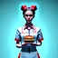 Placeholder: waitress teenager with hamburger chips in tray, rounded face, shirt, vibrant color, cyberpunk style, highly detailed, art stations, concept art, smooth, unreal engine 5, god rays, ray tracing, RTX, lumen lighting, ultra detail, volumetric lighting, 3d, finely drawn, high definition, high resolution, gradient background