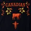 Placeholder: an autumn colored textured cloth embroidered ornamental leaves and cattle, pointed bottom, on dark background, embroidered text across top, Canadian western cowboy style