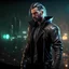 Placeholder: Mysterious male cyberpunk wizard, ponytail hairstyle, leather jacket, glowing grey eyes, cyberpunk style, video game character, trending DeviantArt, trending ArtStation, post-apocalyptic background