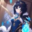 Placeholder: Clear focus,High resolution, Black short fluffy hair, and blue eyes, wearing a Genshin Impact inspired outfit, detailed clothes,must be wearing a short skirt, Art