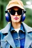 Placeholder: Fresh woman, no make-up, plum-blue-camouflage jacket. Old-fashioned things like CD's, microphone integrated to mask! Wool visor to tippet, AKG headphones, golden rings. materials are denim, leather and felt cloth mixed. Fashion 1990's. Venue is a small old farm attached to the nature, Chicken and cockatoo, Natural Light. Possible colors: Cream white, zinc plate, red ochre, ochre. Thick tights. Thick calves. wide hip