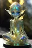 Placeholder: extremely delicate iridescent Elfin made of glass, sitting, video game style, translucent, tiny golden accents, beautifully and intricately detailed, ethereal glow, whimsical, art by Mschiffer, best quality, glass art, magical holographic glow\\n, Broken Glass effect, no background, stunning