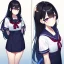 Placeholder: Clear focus, High resolution, Long fluffy black hair, Purple eyes, Wearing a sailor uniform, must be wearing a short skirt, 2 puffy big tails hanging behind her back