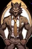 Placeholder: Buff, anthro, wolf, himbo, black fur, gold eyes, wearing a suit, full-body, muscles, strong, muscular, man boobs, bulky, tail, dark fur, smug grin, hands on hips, furry-himbo, broad shoulders, wide hips,